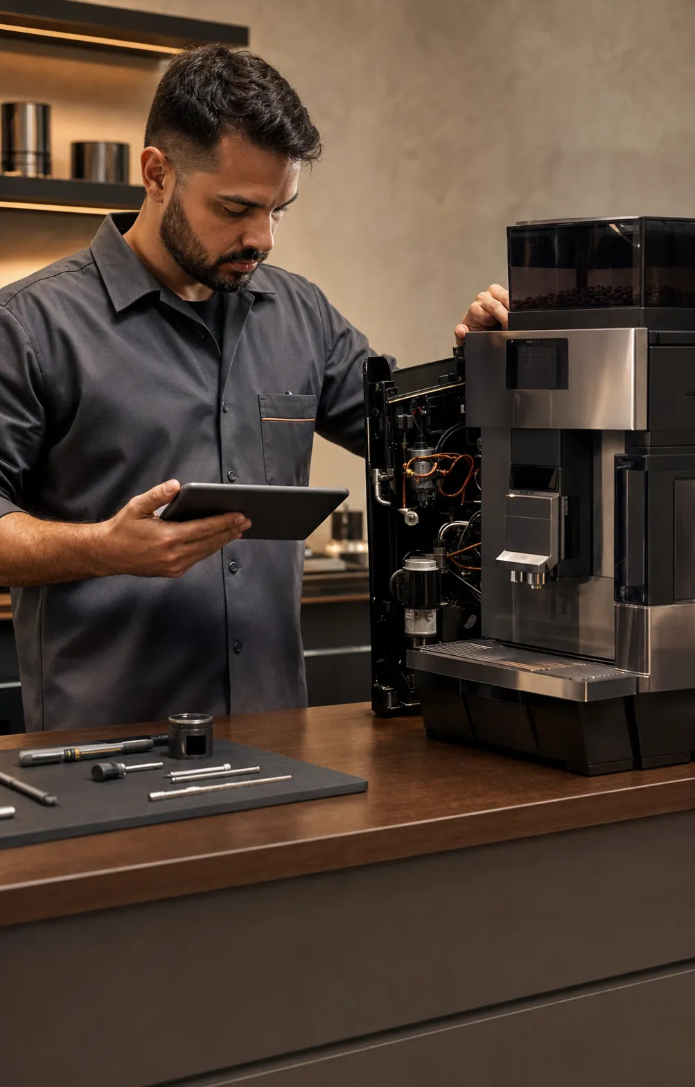 Técnico especializado diagnosticando máquina de café profissional