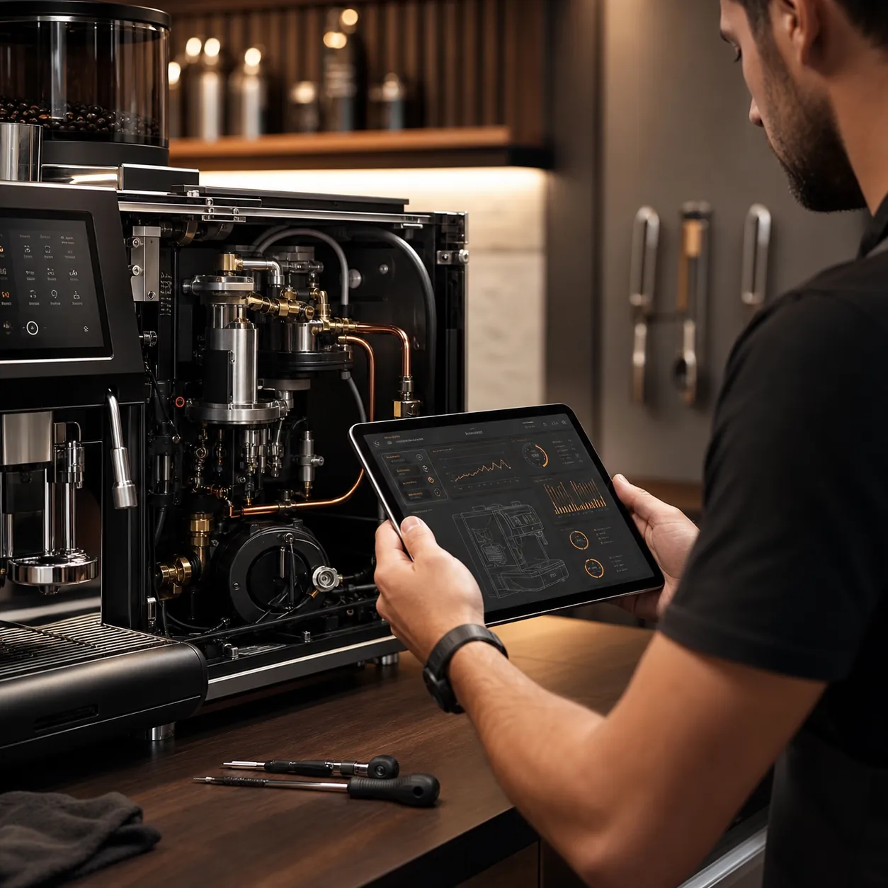 Técnico realizando o diagnóstico de uma máquina de café profissional