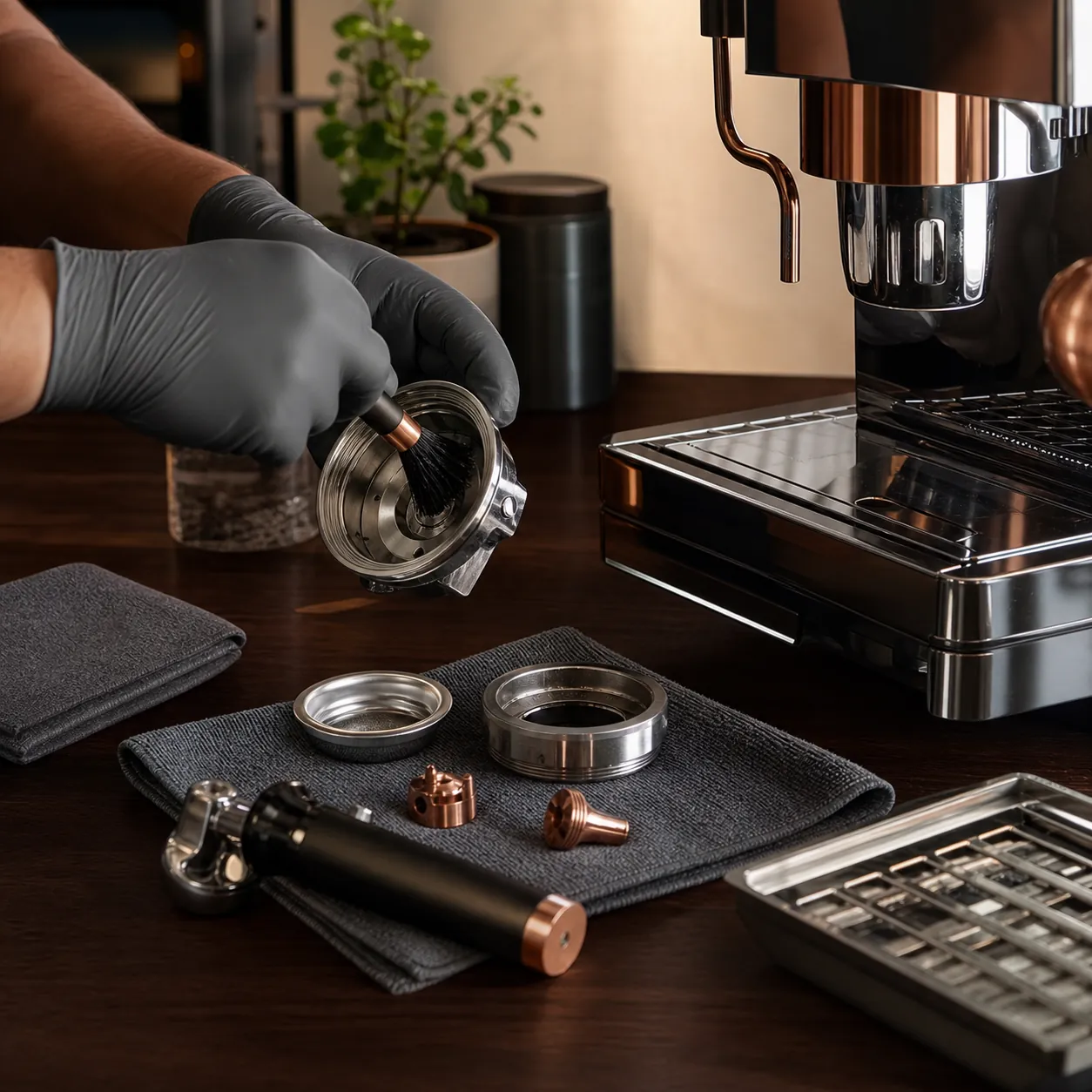 Limpeza especializada dos componentes de uma máquina de café