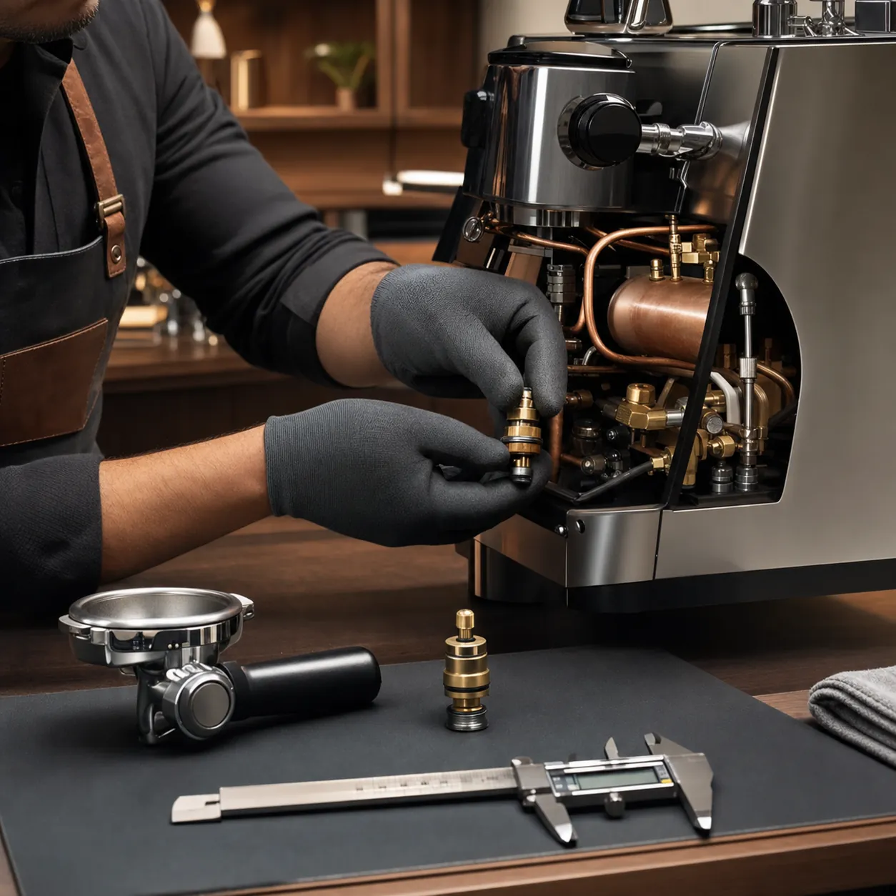 Reparo e ajuste técnico em uma máquina de café profissional