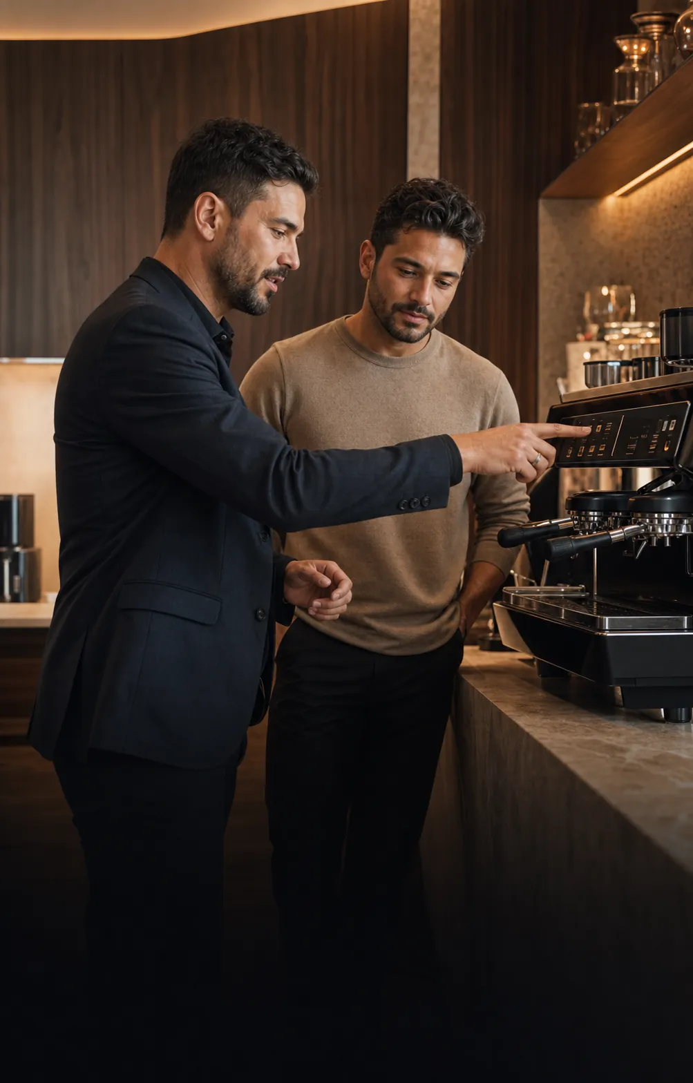 Consultor apresentando uma máquina de café profissional a um cliente