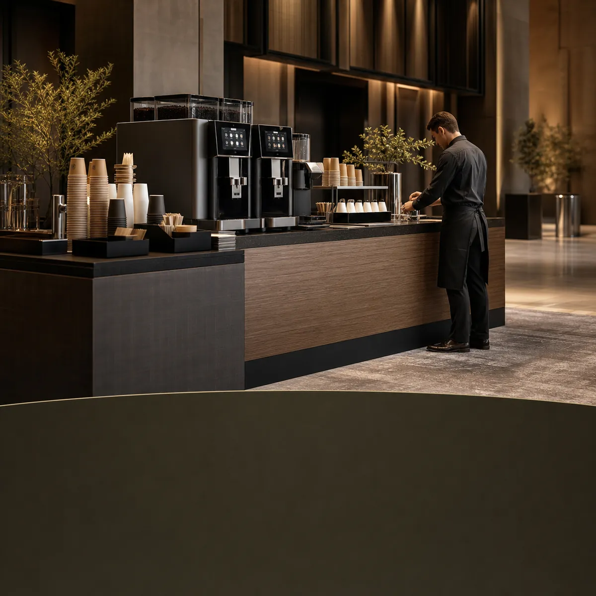 Estação profissional de café dimensionada para um evento corporativo