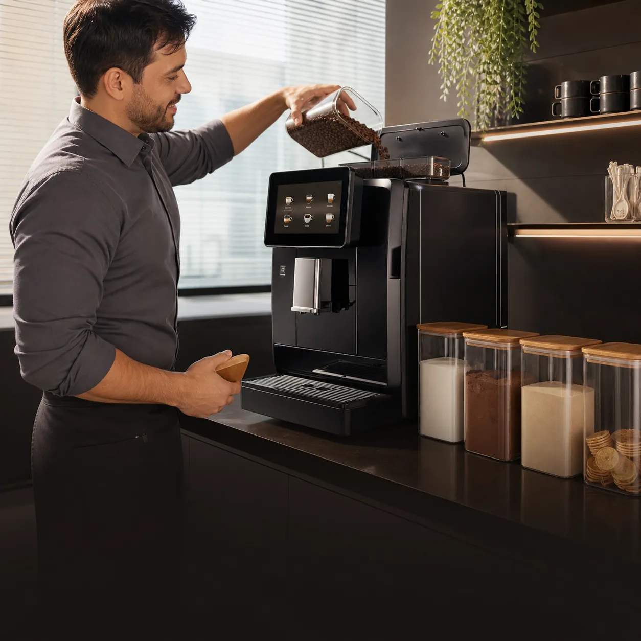 Abastecimento prático de uma máquina de café profissional