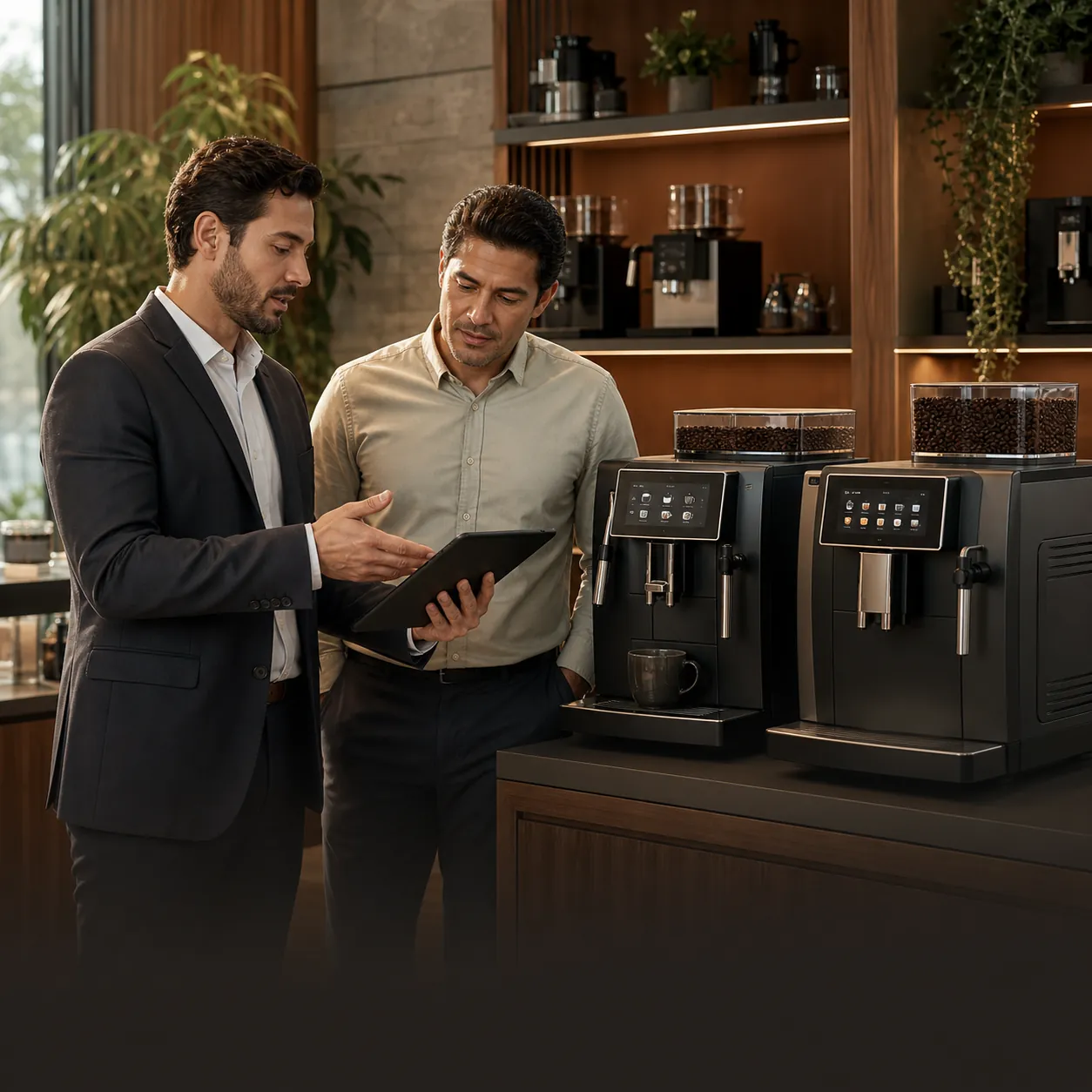 Consultor comparando máquinas de café com um cliente