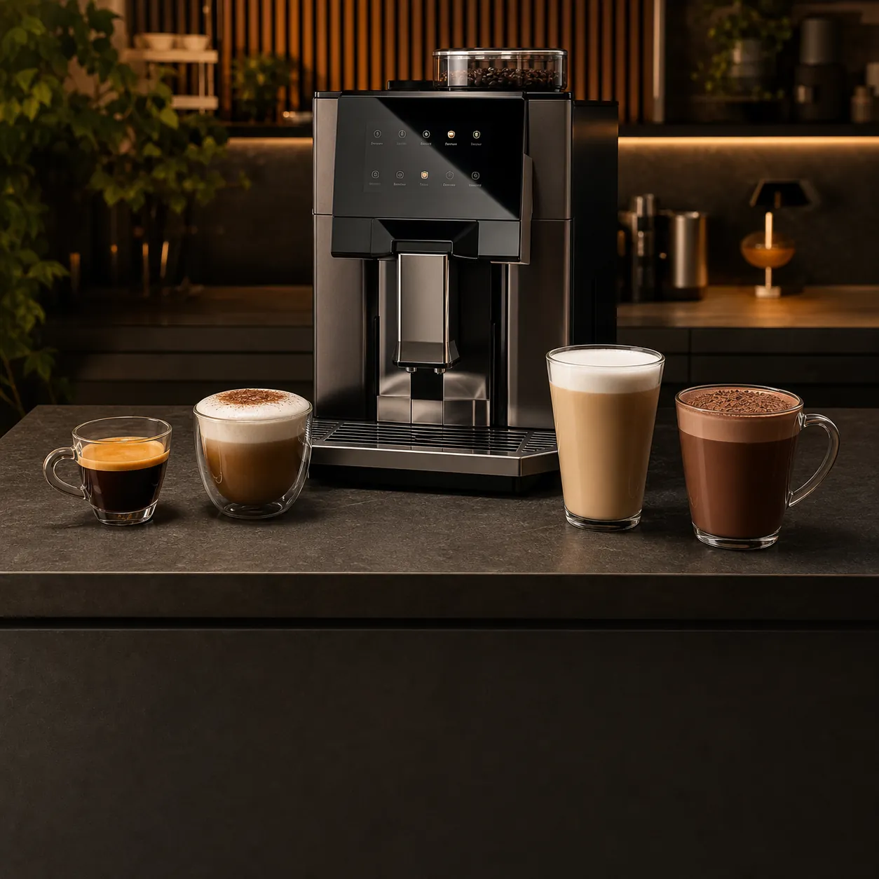 Máquina profissional com espresso, cappuccino, café com leite e chocolate